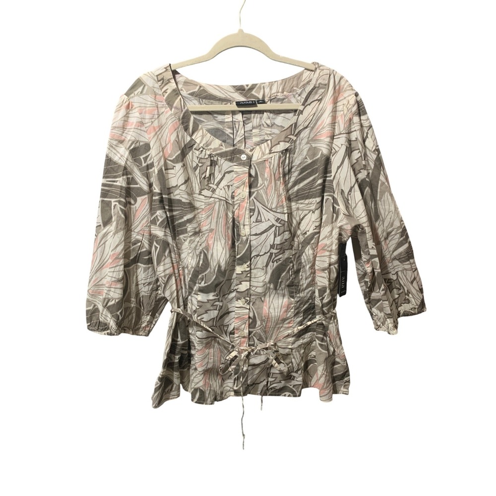 Ana A New Approach Woman 3X Taupe Apricot Leaf Print Cotton Button Blouse NWT